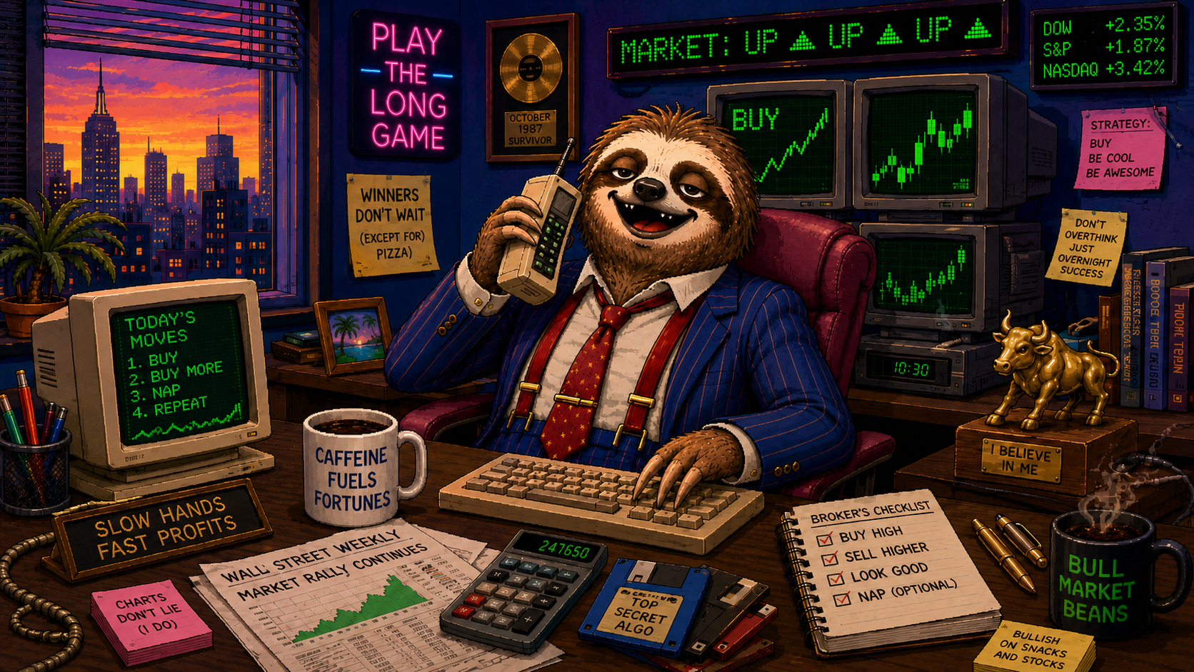 A sloth in a pinstripe suit working the phones on a retro trading floor